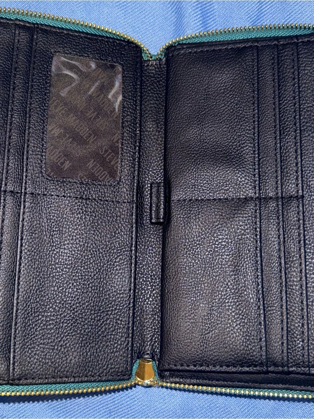 Steve Madden Black Leather Mini Pouch with Teal Strap and Green Wallet